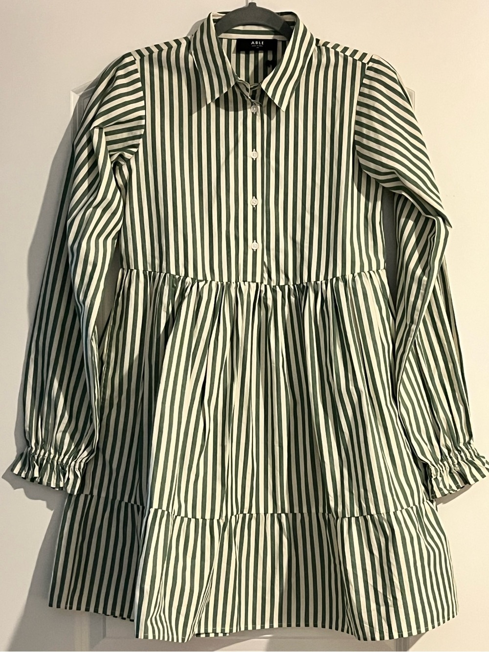 New ABLE Aleesha Swing Shirt Tiered Mini Dress Green Cabana Stripe Collared XXS